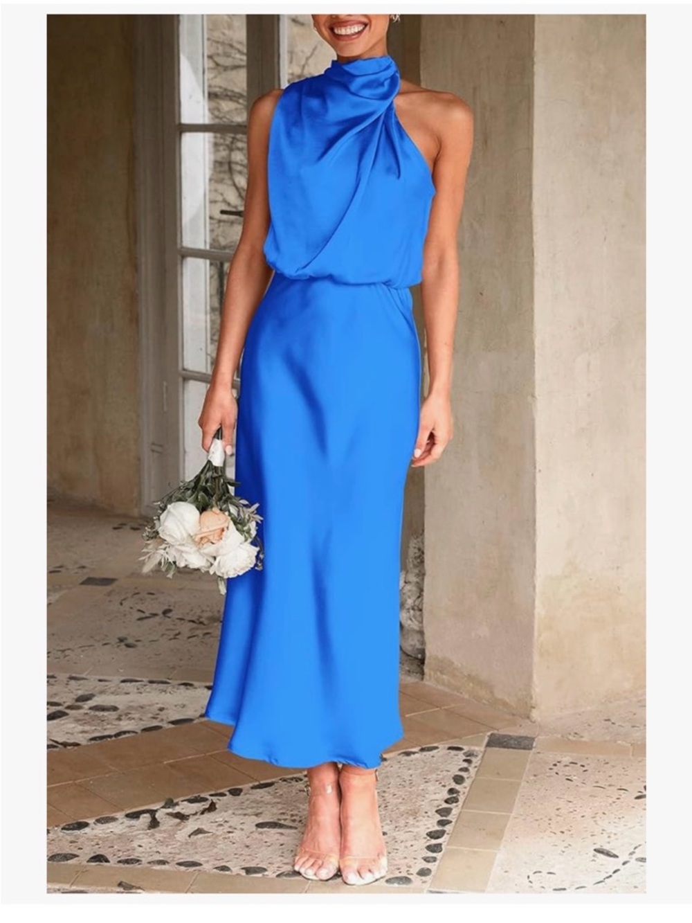 One-Shoulder Royal Blue Satin Midi Dress
